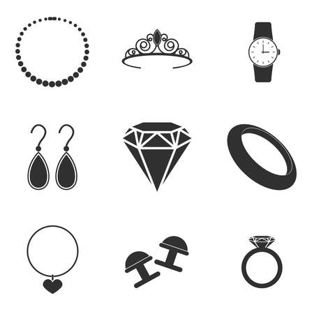 Simple set of jewelry related vector line icons isolated on white background. Contains icons such as earrings, wedding ring, crown, watch and more.のイラスト素材