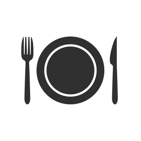 Plate, fork and knife icon in flat style. Food symbol isolated on white background. Bar, cafe, hotel concept. Simple food icon in black. Vector illustration for graphic design, web, user interface, mobile upp. Vector illustration isolated on white background.のイラスト素材