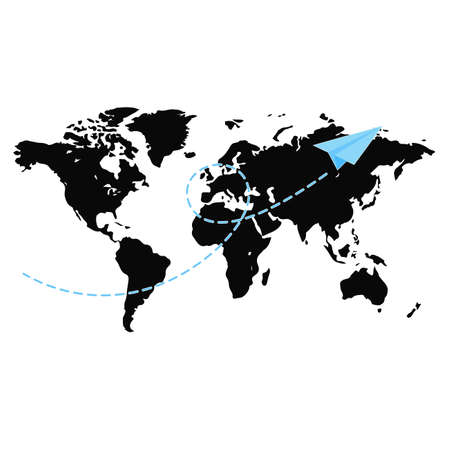 Blue paper airplane and its dotted path against the background of the world map. Transportation, travel and flight symbol. Vector illustration isolated on white background.のイラスト素材