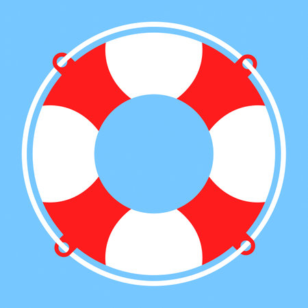 Vector lifebuoy with rope red and white isolated on blue background, icon - help, rescue or help symbol.Vector lifebuoy web flat icon. Eps 10.のイラスト素材