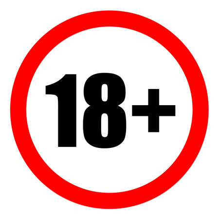 18 sign warning symbol isolated on background, over 18 plus only censored, eighteen age older forbidden adult content. Under eighteen years prohibition sign, adults only, vector illustration.のイラスト素材