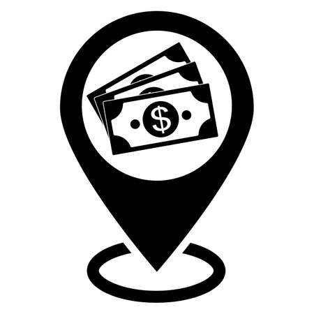 Black Cash location pin icon isolated on white background. Pointer and dollar symbol. location of money. business and investment concept. vector illustration.のイラスト素材