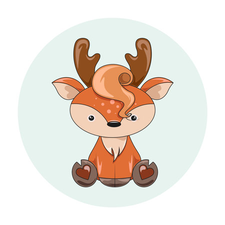 Funny cartoon deer. child's drawing of a cute deer. cartoon animal design. Flat vector illustration isolated on white background. forest inhabitant. Wild animal with horns.のイラスト素材