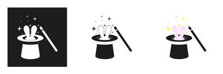 magician hat icon with magic wand and rabbit. Symbol of magic, focus. Vector illustration isolated on white backgroundのイラスト素材