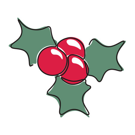 Holly leaves with red berries for Christmas drawn in one line. Symbol of Christmas and New Year. Vector illustration isolated on white backgroundのイラスト素材