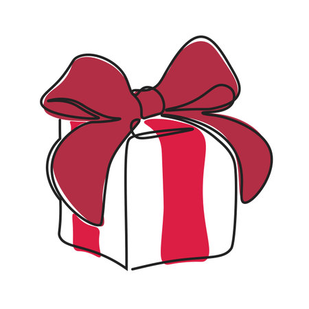a gift with a red bow drawn in one line. Symbol of Christmas and New Year. Vector illustration isolated on white backgroundのイラスト素材