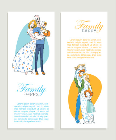 Banner happy family portrait. Father, mother and daughter. A woman in a long dress hugging a man with a child on the hand. Gentle and loving family.のイラスト素材