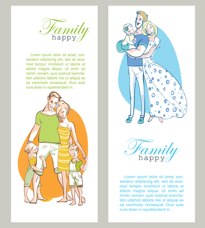 Banner happy family portrait. Father, mother and daughter. A woman in a long dress hugging a man with a child on the hand. Gentle and loving family.のイラスト素材