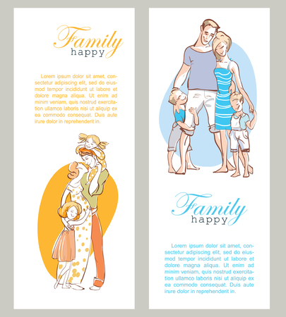 Banner happy family portrait. Father, mother and daughter. A woman in a long dress hugging a man with a child on the hand. Gentle and loving family.のイラスト素材