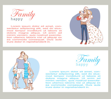 Banner happy family portrait. Father, mother and daughter. A woman in a long dress hugging a man with a child on the hand. Gentle and loving family.のイラスト素材