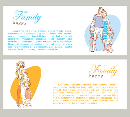 Banner happy family portrait. Father, mother and daughter. A woman in a long dress hugging a man with a child on the hand. Gentle and loving family.のイラスト素材