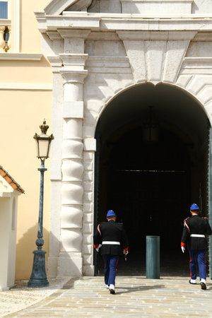 principality of monaco, monte carlo, changing of the guard of the soldiers in front of the prince's...