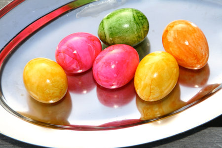 greeting card with space for your own text ,, colored chicken eggs, eggs, lying in the grass,...