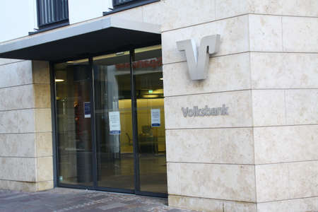 paderborn, north rhine westphalia, germany, 18 november 2020, entrance to the volksbank in paderborn,のeditorial素材
