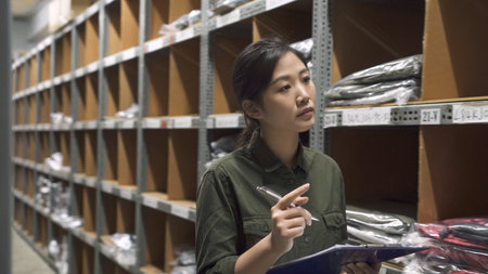 manager woman doing stocktaking of products in cardboard box on shelves in warehouse using clipboard...