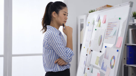 side view asian female manager standing sketching business plans in the office. woman checking information and transcribing on whiteboard. real momentsの写真素材