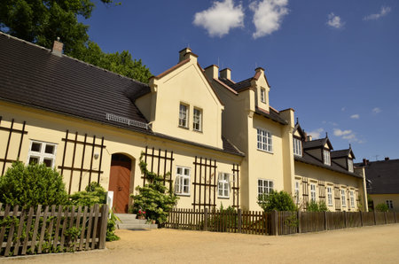Beautifully maintained grange buildings, belong to the complex Muskauer Park are located close to the castle of Prince Hermann Pueckler-Muskauのeditorial素材