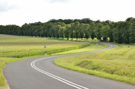This photo present double bend on the road leading to the overpass over the highway の写真素材