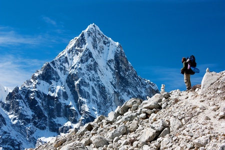hiker on mountains - hiking in Nepal - way to everest base camp のeditorial素材
