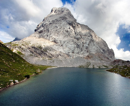 view of Wolayer See lago or Lago Volaya and Hohe Warte or Mount Coglians - Alpi Carniche or...