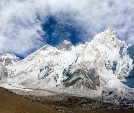 panoramic view of Mount Everest with beautiful sky and Khumbu Glacier - Khumbu valley - Nepal の写真素材