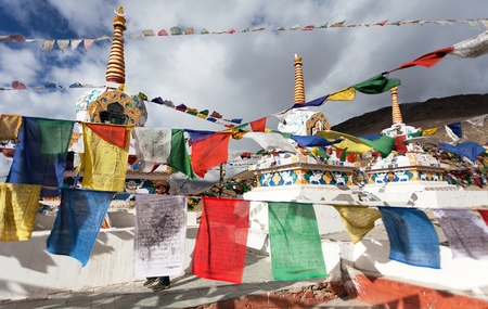 Prayer flags with stupas - Kunzum La pass - Himachal Pradesh - Indiaの写真素材