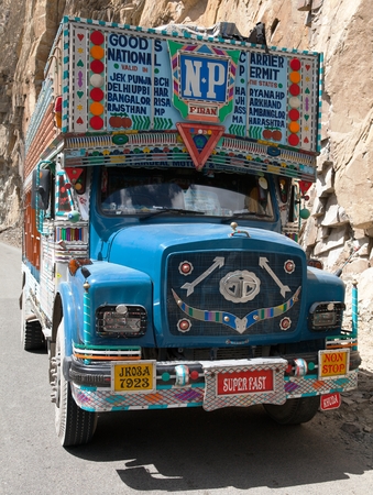 INDIA, LADAKH, CIRCA SEPTEMBER 2013 - Colorful truck in Indian Himalayas - Ladakh - Jammu and Kashmir.のeditorial素材