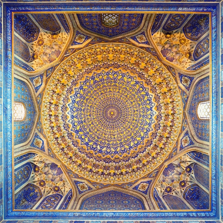 SAMARKAND, UZBEKISTAN - 18TH OF JUNE 2013: Fragment of beautiful interior of ancient Tillya Kary Madrassah in Samarkand, Uzbekistan. It is one of the foremost interesting place in Central Asiaのeditorial素材