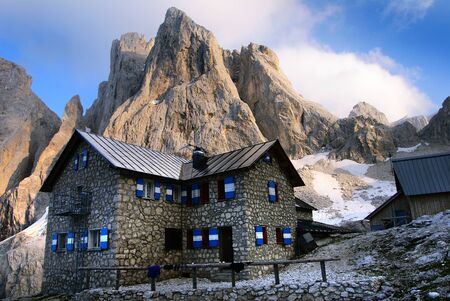 pale di san martino - dolomiti italy - view of rifugio volpi al mulaz and cima di focobonのeditorial素材