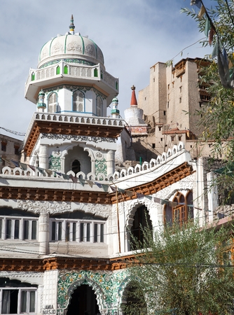 View from Leh, Ladakh, Jammu and Kashmir, India - Jama Masjid and Leh Palace with stupa on the backgroundのeditorial素材