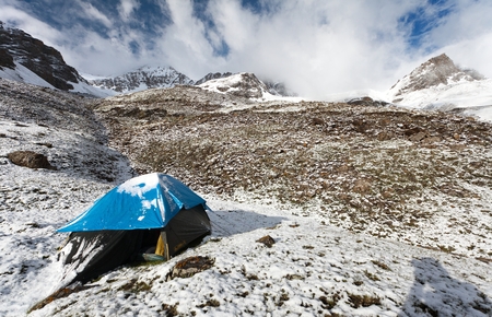 camping on mountain in himalayas - nepalの写真素材