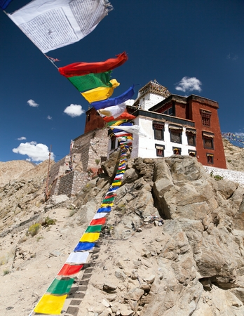 Namgyal Tsemo Gompa with prayer flags - Leh - Ladakh - Jammu and Kashmir - Indiaの写真素材