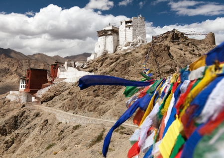 Namgyal Tsemo Gompa with prayer flags - Leh - Ladakh - Jammu and Kashmir - Indiaの写真素材