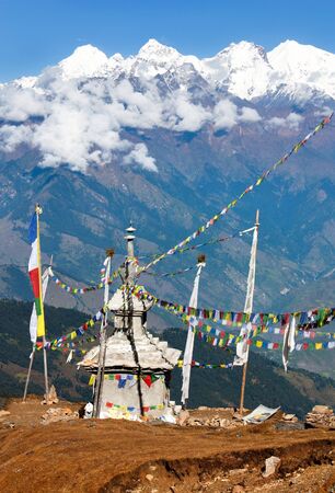 view from Langtang to Ganesh Himal with stupa and prayer flags - Nepalの写真素材