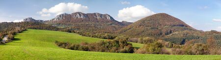 Autumnal panoramic view of Vrsatec and Vrsatecke Podhradie village - Slovakiaの写真素材