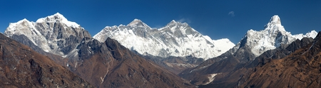 Panoramic view of Mount Everest, Lhotse and Ama Dablam from Kongde - Sagarmatha national park - Nepalの写真素材