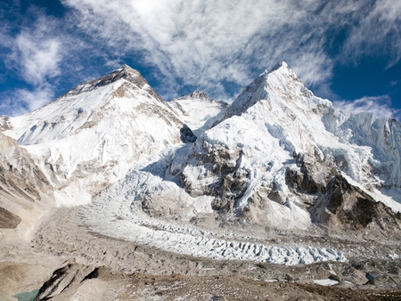 View of Mount Everest, Lhotse and Nuptse from Pumo Ri base camp - way to Mount Everest base camp - Sagarmatha national park - Nepalの写真素材