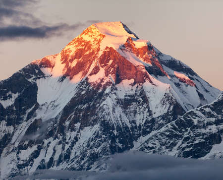 Evening view of mount Dhaulagiri with sunshine colored mountain top - Nepalの写真素材