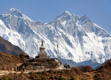 Stupa near Namche Bazar and Mount Everest, Lhotse and Nuptse - way to Everest base camp - Nepalの写真素材