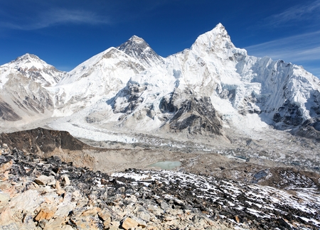 panoramic view of Mount Everest with beautiful sky and Khumbu Glacier - Khumbu valley - Nepalの写真素材