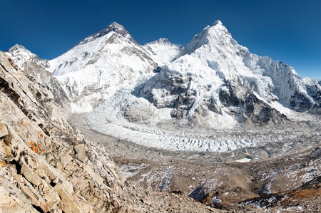 View of Mount Everest, Lhotse and Nuptse from Pumo Ri base camp - way to Mount Everest base camp - Sagarmatha national park - Nepalの写真素材