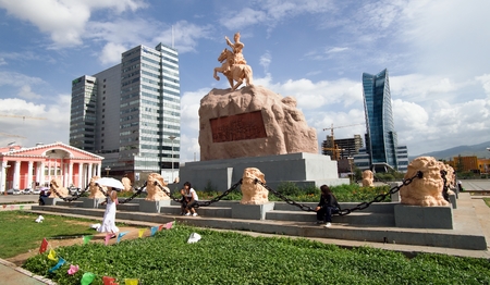 ULAANBAATAR MONGOLIA  28th JULY 2010: Central square of Ulaanbaatar with Statue of Mongolian revolutionary hero Sukhbaatar in Sukhbaatar Square  Ulaanbaatar the capital city of Mongoliaのeditorial素材