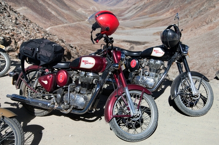 KHARDUNG LA PASS LADAKH INDIA 11th SEPTEMBER 2013  motocycles brand Royal Enfield in highest road pass on the world Khardung La Ladakh Jammu and Kashmir Indiaのeditorial素材