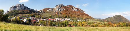 Autumnal panoramic view of Vrsatec and Vrsatecke Podhradie village  Slovakiaの写真素材