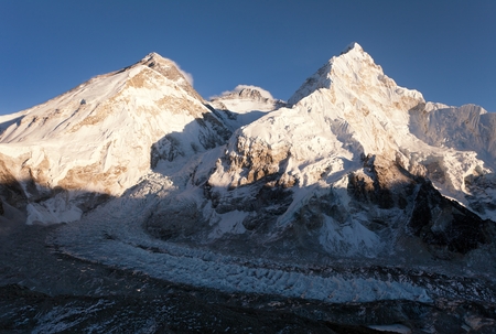 Panoramic view of Mount Everest Lhotse and Nuptse from Pumo Ri base camp  way to Mount Everest base camp Sagarmatha national park  Nepalの写真素材