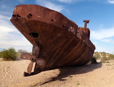 Boats in desert around Moynaq Muynak or Moynoq  Aral sea or Aral lake  Uzbekistan  asiaの写真素材