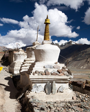 Stupas with beautiful clouds in Karsha gompa  buddhist monastery in Zanskar valley  Ladakh  Jammu and Kashmir  Indiaの写真素材