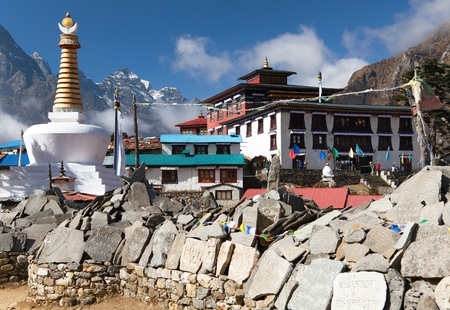 View of Tengboche monastery with stupa and prayer mani wall, Khumbu valley, Sagarmatha national park, Nepalのeditorial素材