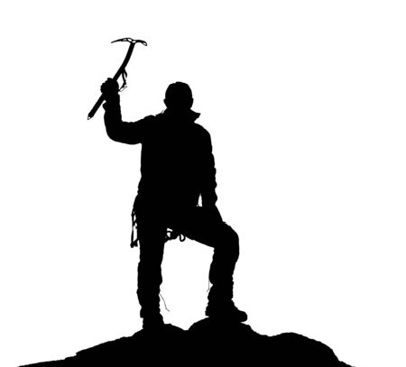 black silhouette of climber with ice axe in hand on the white backgroundの写真素材