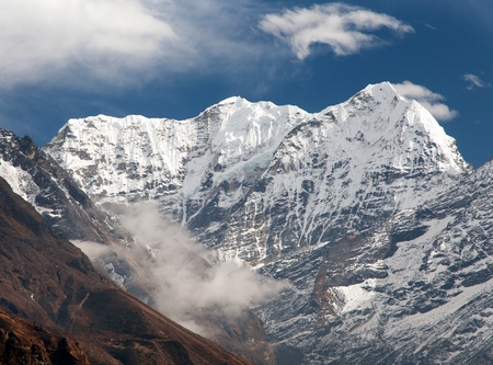 Mount Kusumkhang Karda or Kusum Khangkaru, beautiful view of himalayan mountains near Namche Bazar, khumbu valley, Sagarmatha national park, Nepalの写真素材